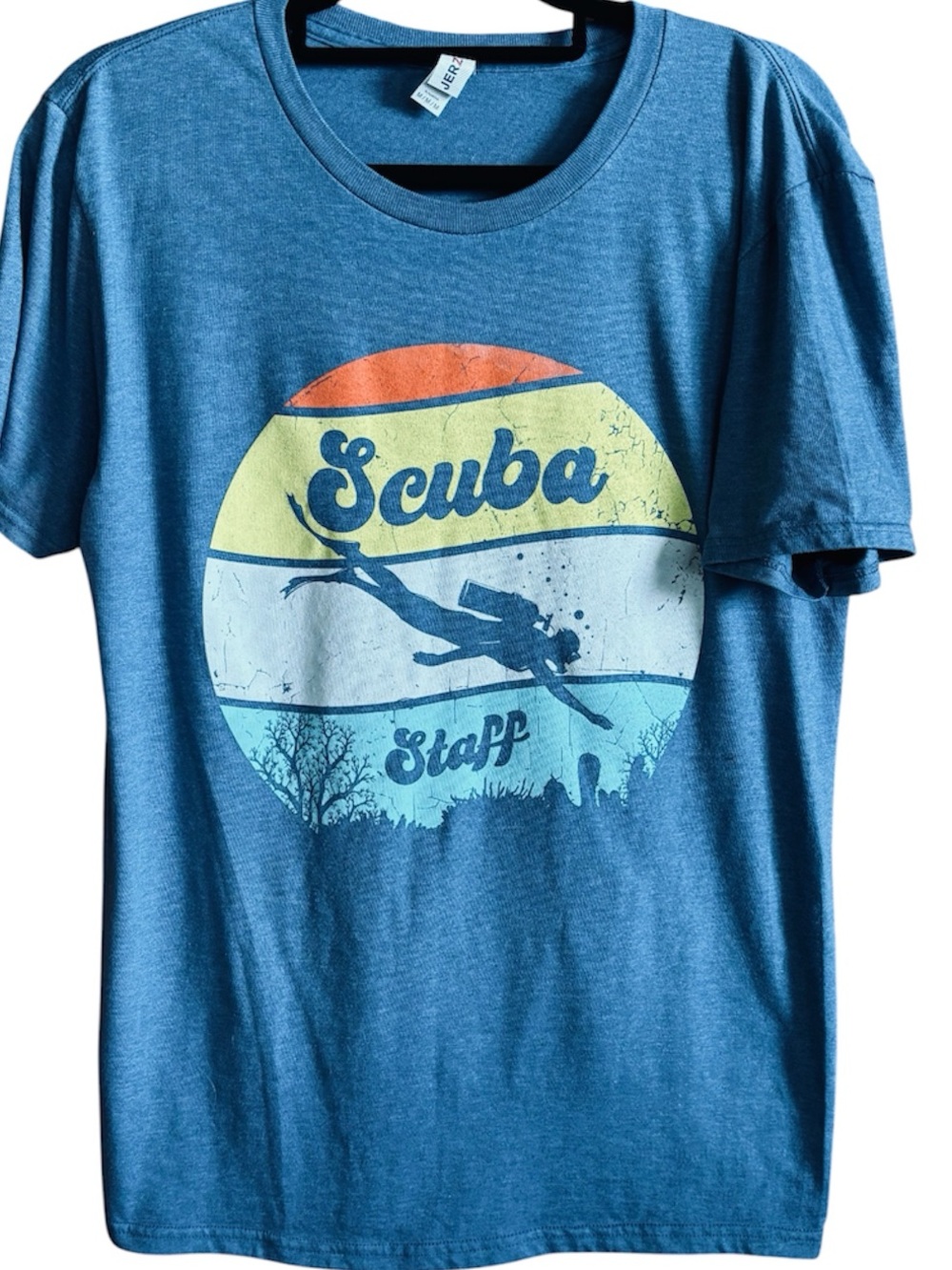 Women's or men's retro short sleeve tee with scuba diver staff graphic.